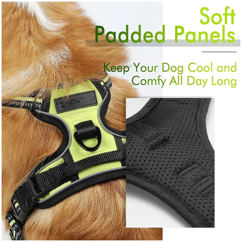 Harness and Leash Combo Green Dog Harness Mesh Breathable Adjustable Reflective Oxford Comfortable Harness. Large Dogs Like Labrador and Golden Retriever