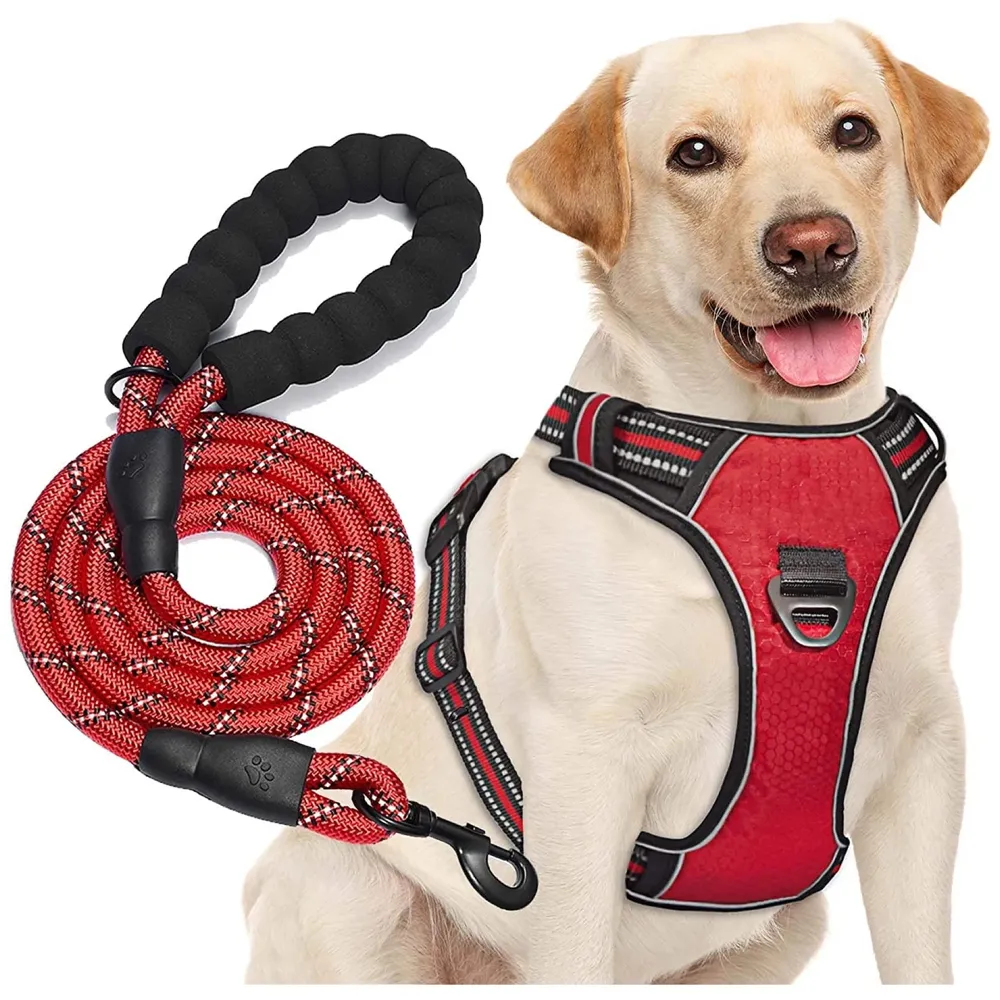 Harness and Leash Combo Red Dog Harness Mesh Breathable Adjustable Reflective Oxford Comfortable Harness. Large 18-26 Inch Girth