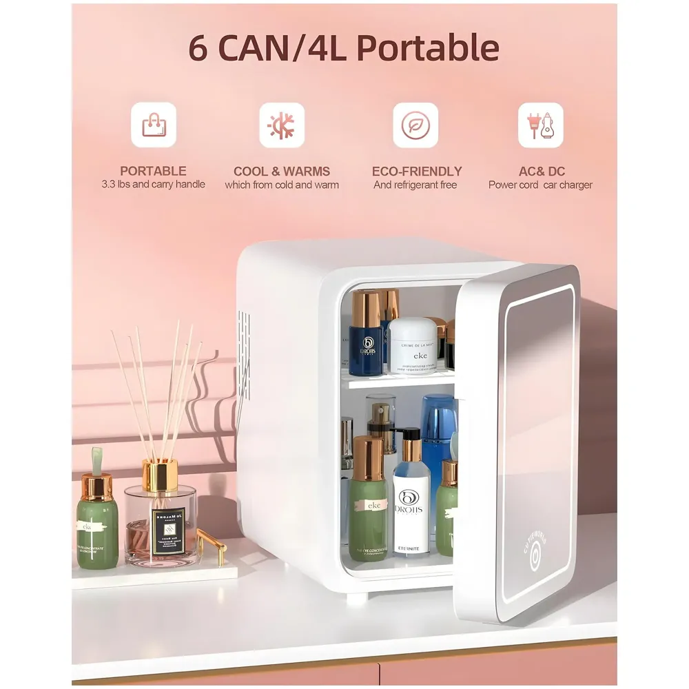 2 in 1 4L Makeup Fridge Cosmetics Cooler & Warmer With Dimmable LED Light Mirror, Mini Fridge for Bedroom, Car, Office Portable Small Refrigerator for Cosmetics, Skin Care and Food, White