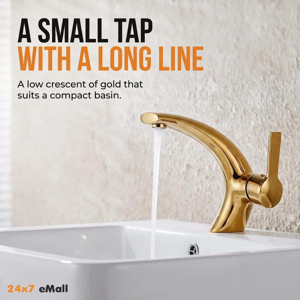 Golden Basin Tap Faucet Mixer Curved for Bathroom Toilets Wash basins Hot and Cold Water 18 x 17 cm (Golden Curve)