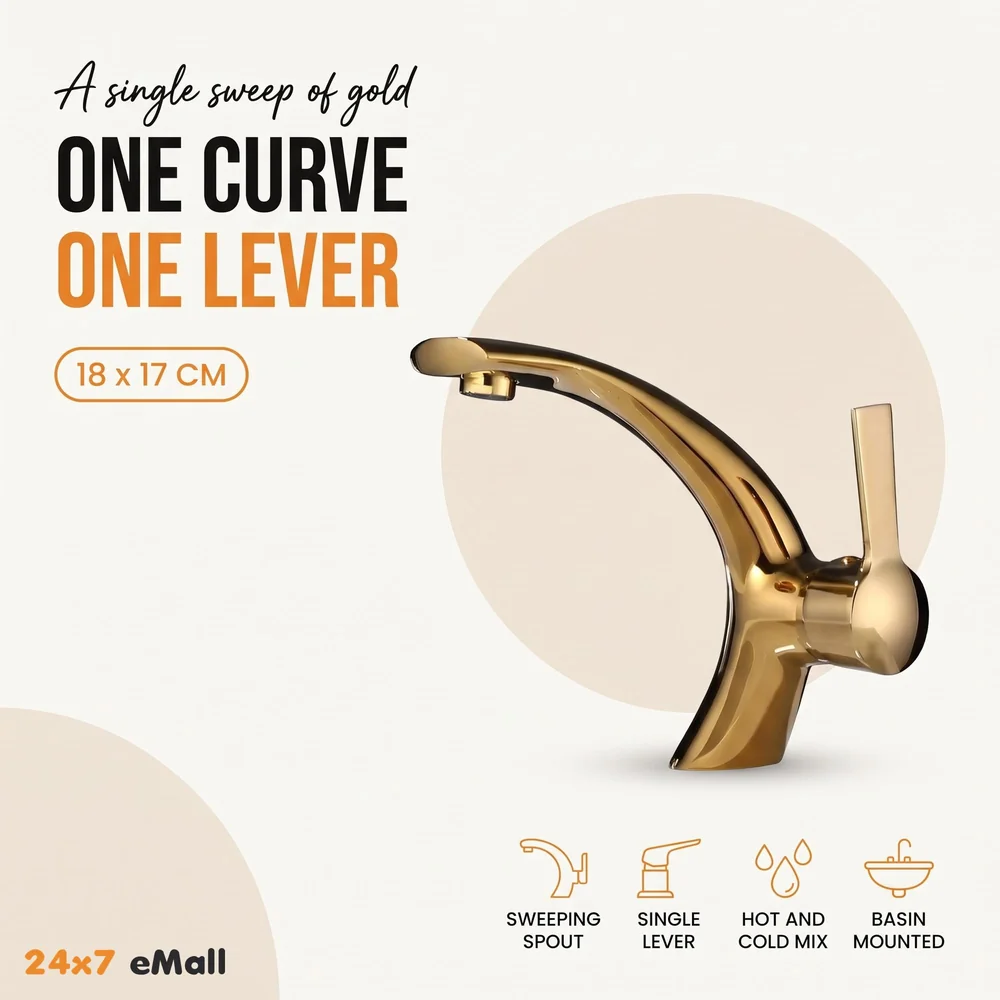 Golden Basin Tap Faucet Mixer Curved for Bathroom Toilets Wash basins Hot and Cold Water 18 x 17 cm (Golden Curve)