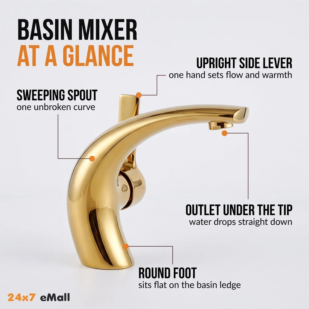 Golden Basin Tap Faucet Mixer Curved for Bathroom Toilets Wash basins Hot and Cold Water 18 x 17 cm (Golden Curve)