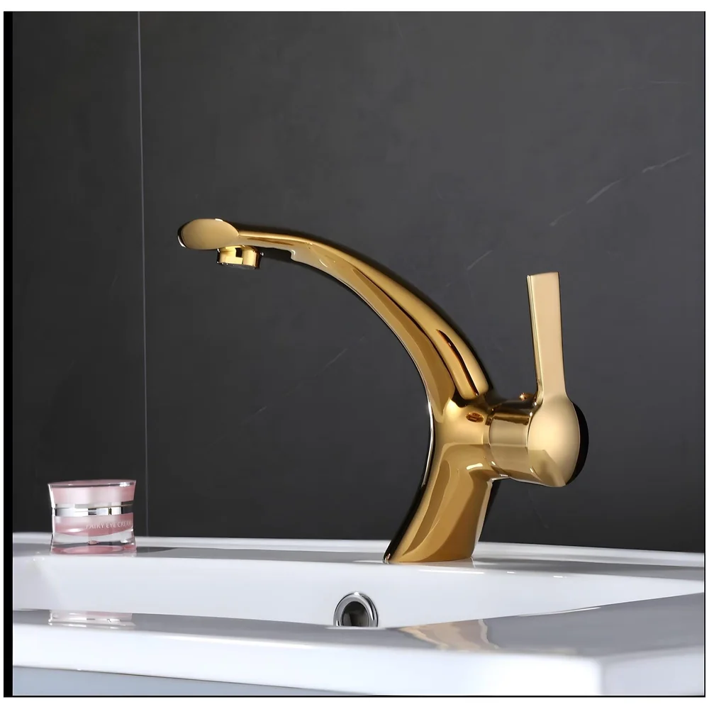 Golden Basin Tap Faucet Mixer Curved for Bathroom Toilets Wash basins Hot and Cold Water 18 x 17 cm (Golden Curve)