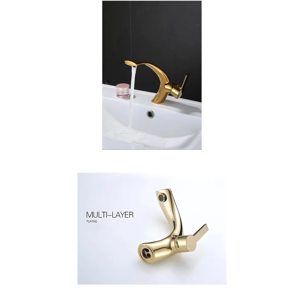 Golden Basin Tap Faucet Mixer Curved for Bathroom Toilets Wash basins Hot and Cold Water 18 x 17 cm (Golden Curve)