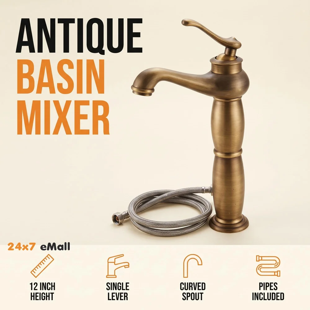 Antique Tap Faucet Basin Mixer for Bathroom Toilets Brown, Brass Material 30 cm Height 12 inches with Pipes