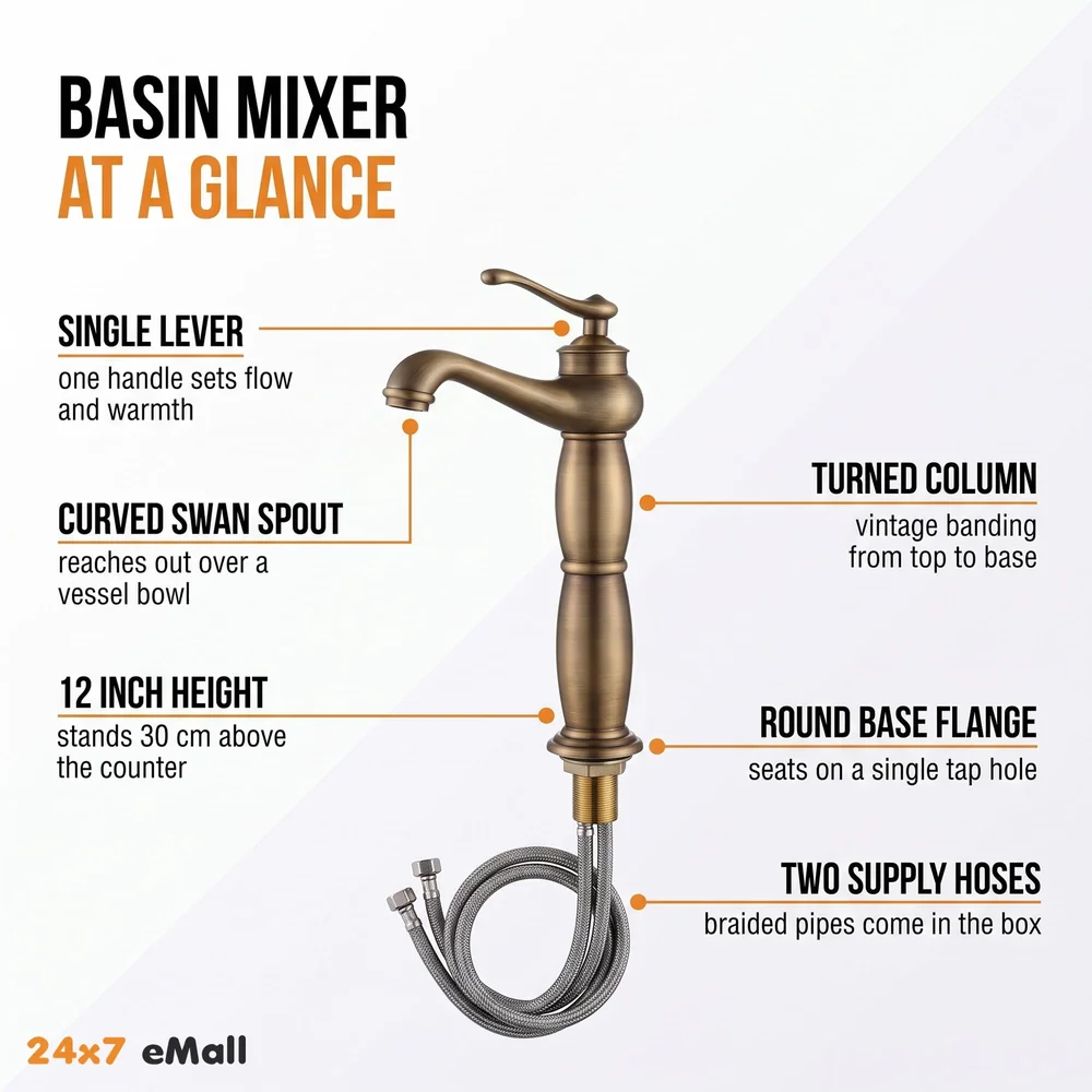 Antique Tap Faucet Basin Mixer for Bathroom Toilets Brown, Brass Material 30 cm Height 12 inches with Pipes