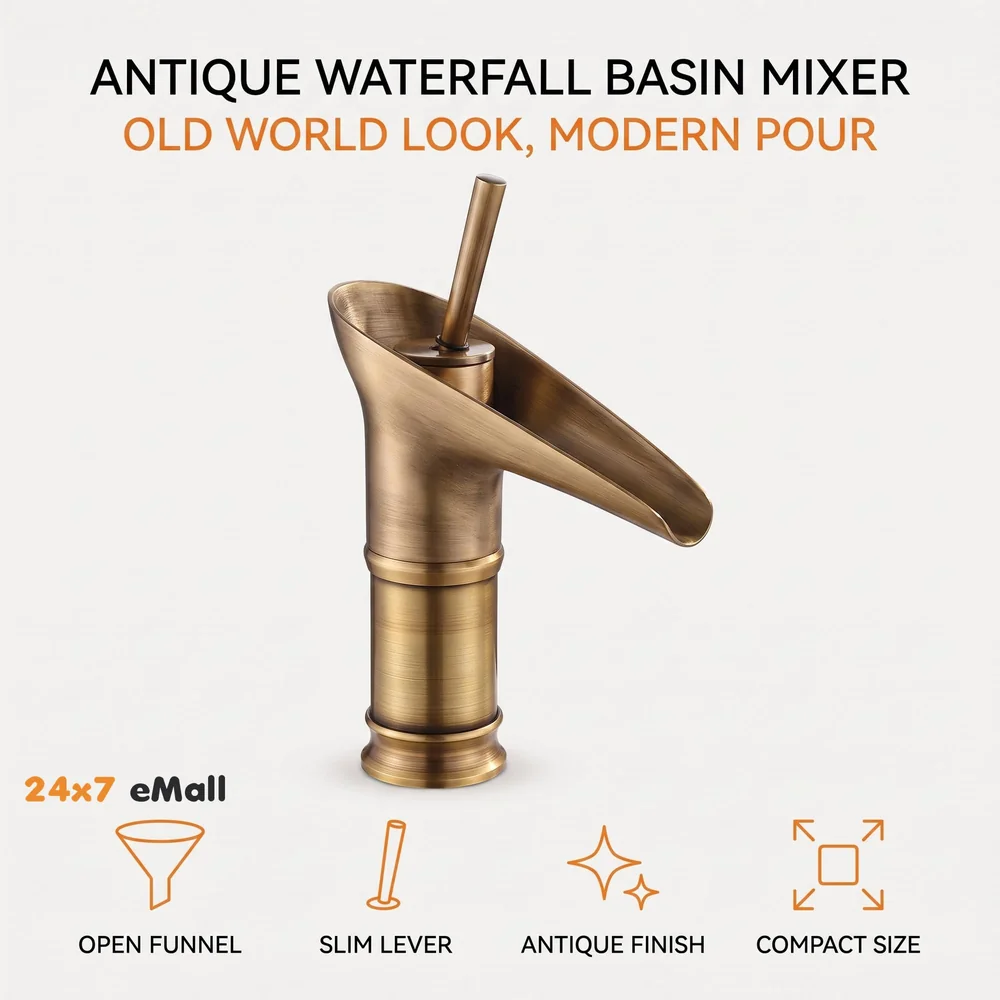 Antique Waterfall Basin Mixer Hot and Cold, 7 Inch Tall Basin Tap Faucet