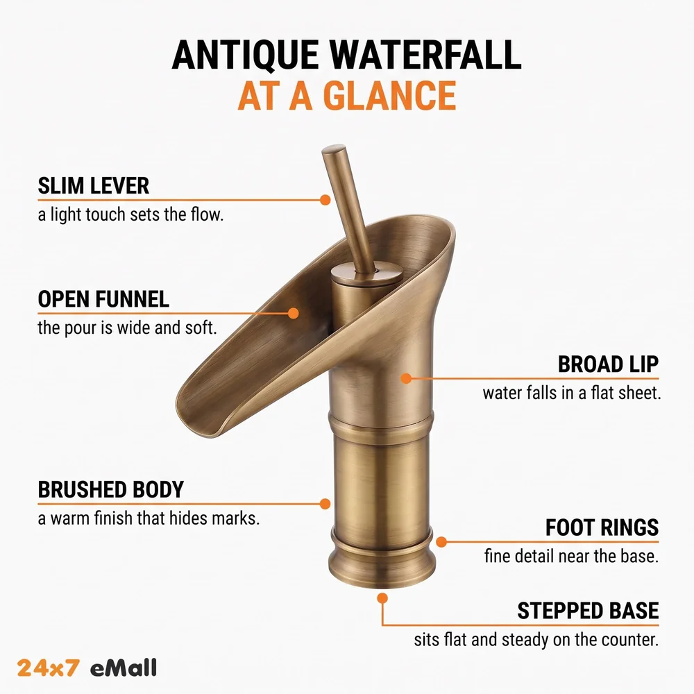 Antique Waterfall Basin Mixer Hot and Cold, 7 Inch Tall Basin Tap Faucet