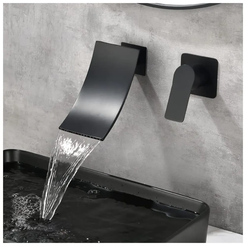 Black Waterfall Faucet Tap Wall Brass Basin Mixer Wall Mixer Sink Mixer Hot and Cold, Black Colour No Concealed Parts Required