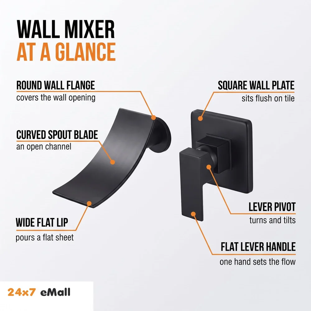 Black Waterfall Faucet Tap Wall Brass Basin Mixer Wall Mixer Sink Mixer Hot and Cold, Black Colour No Concealed Parts Required