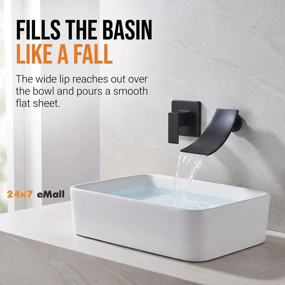 Black Waterfall Faucet Tap Wall Brass Basin Mixer Wall Mixer Sink Mixer Hot and Cold, Black Colour No Concealed Parts Required