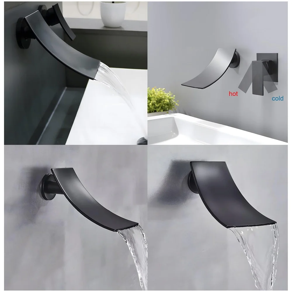 Black Waterfall Faucet Tap Wall Brass Basin Mixer Wall Mixer Sink Mixer Hot and Cold, Black Colour No Concealed Parts Required