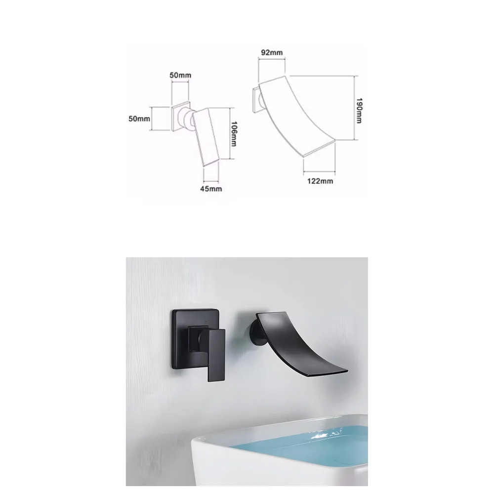 Black Waterfall Faucet Tap Wall Brass Basin Mixer Wall Mixer Sink Mixer Hot and Cold, Black Colour No Concealed Parts Required