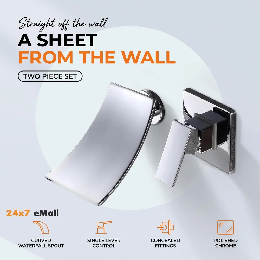 Waterfall Brass Chrome Silver Wall Mixer Hot and Cold Basin Tap Faucet Sink Mixer Chrome Colour wall spout with Concealed Parts