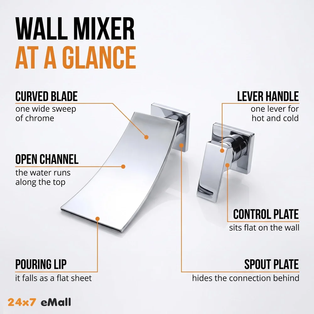 Waterfall Brass Chrome Silver Wall Mixer Hot and Cold Basin Tap Faucet Sink Mixer Chrome Colour wall spout with Concealed Parts