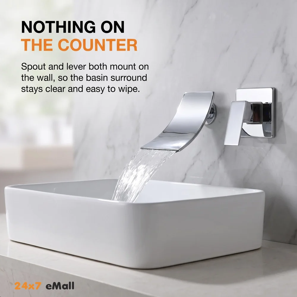 Waterfall Brass Chrome Silver Wall Mixer Hot and Cold Basin Tap Faucet Sink Mixer Chrome Colour wall spout with Concealed Parts
