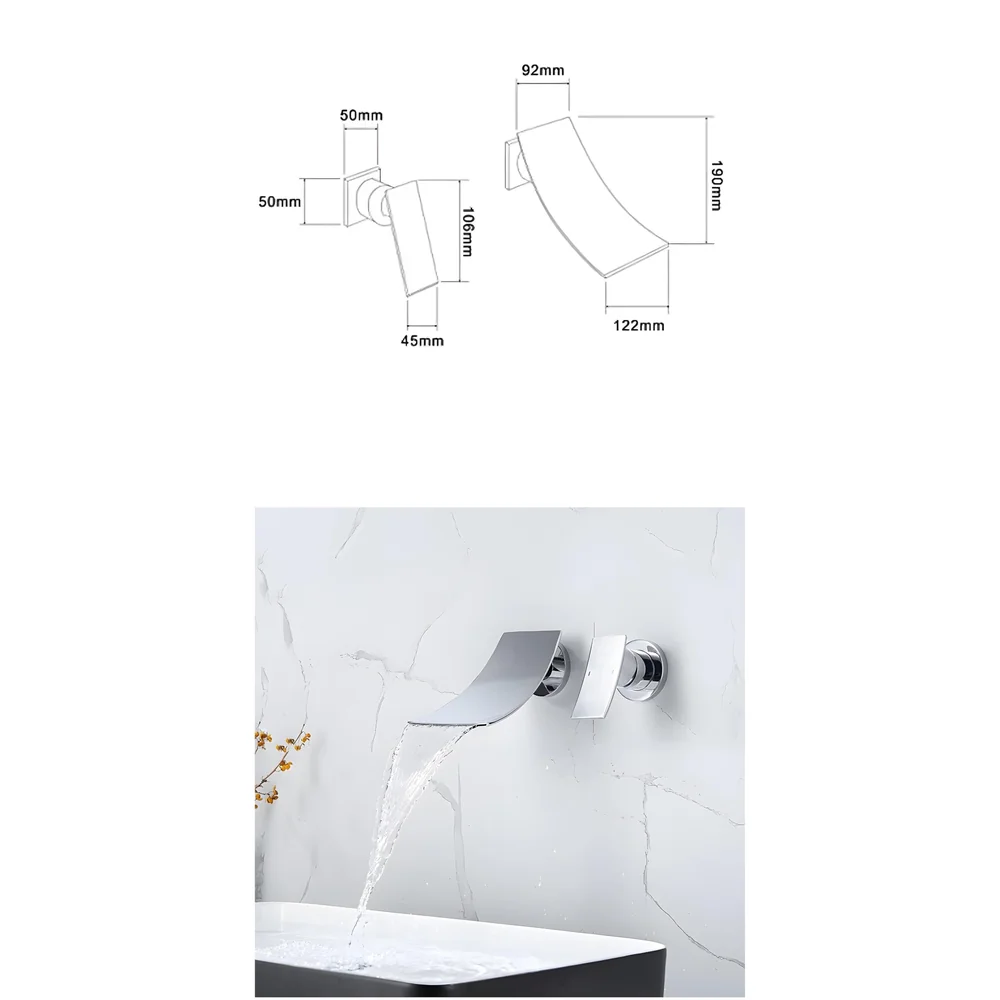 Waterfall Brass Chrome Silver Wall Mixer Hot and Cold Basin Tap Faucet Sink Mixer Chrome Colour wall spout with Concealed Parts