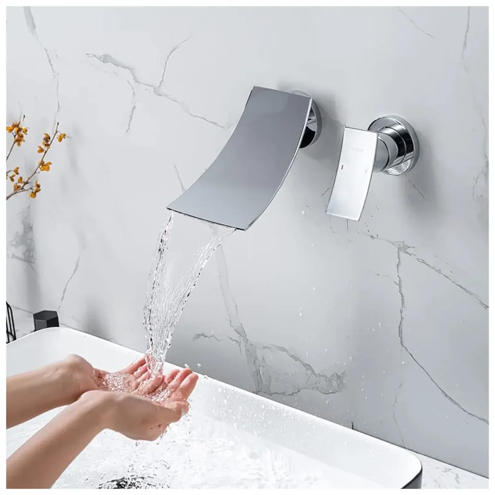 Waterfall Brass Chrome Silver Wall Mixer Hot and Cold Basin Tap Faucet Sink Mixer Chrome Colour wall spout with Concealed Parts