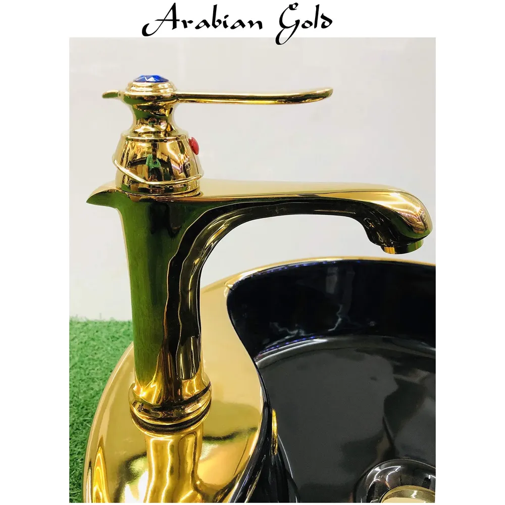 Premium Heavy Single Lever Basin Mixer ~ with 2 Braided Connection Pipes 450mm (Without pop-up) (Arabian Gold)