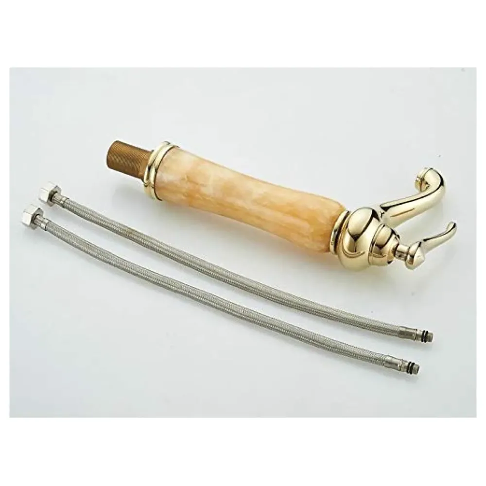 Gold Marble Onyx Basin Tap Mixer Faucet for Bathroom Toilet Wash Basin HOt and Cold Water ~ with 2 Braided Connection Pipes 450mm (Onyx)