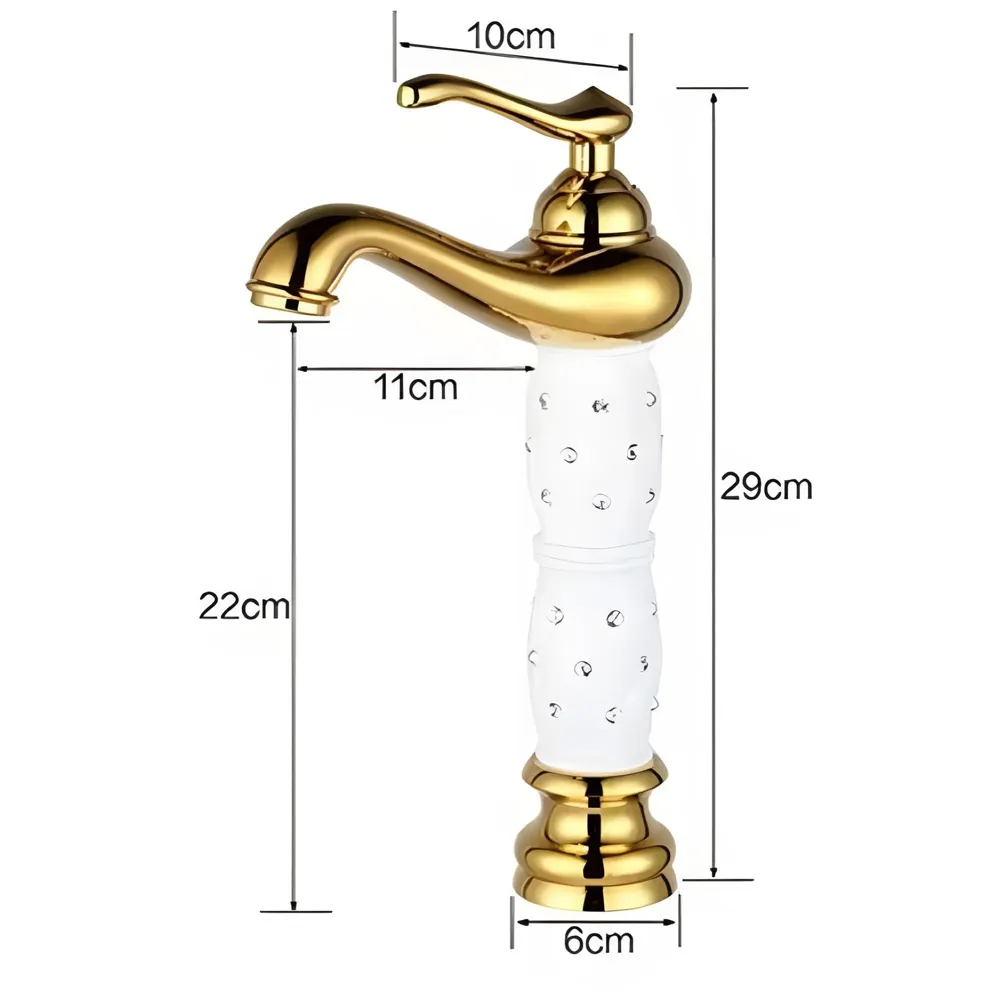 White Gold Basin Tap Faucet Mixer Hot and Cold ~ 28 Cms Height Table Mounted with 2 Braided Connection Pipes 450mm (Without pop-up) (White Diamond) Brass Material