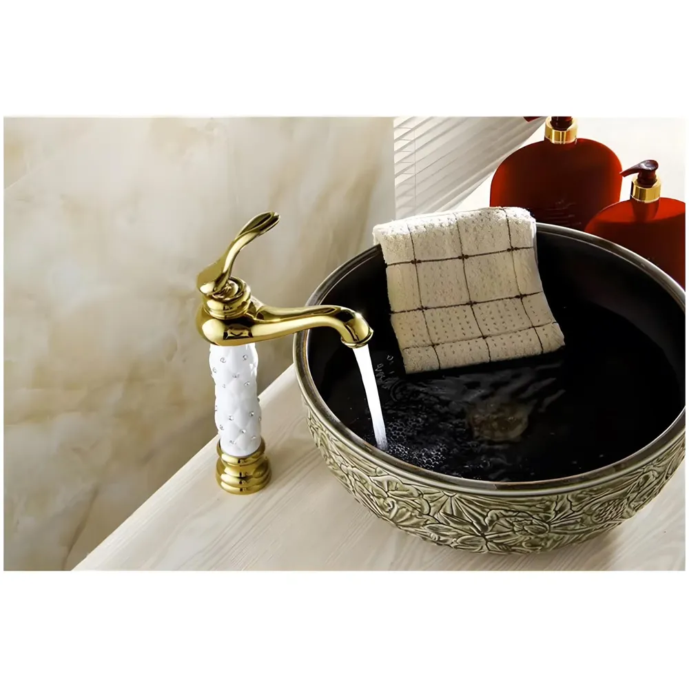 White Gold Basin Tap Faucet Mixer Hot and Cold ~ 28 Cms Height Table Mounted with 2 Braided Connection Pipes 450mm (Without pop-up) (White Diamond) Brass Material