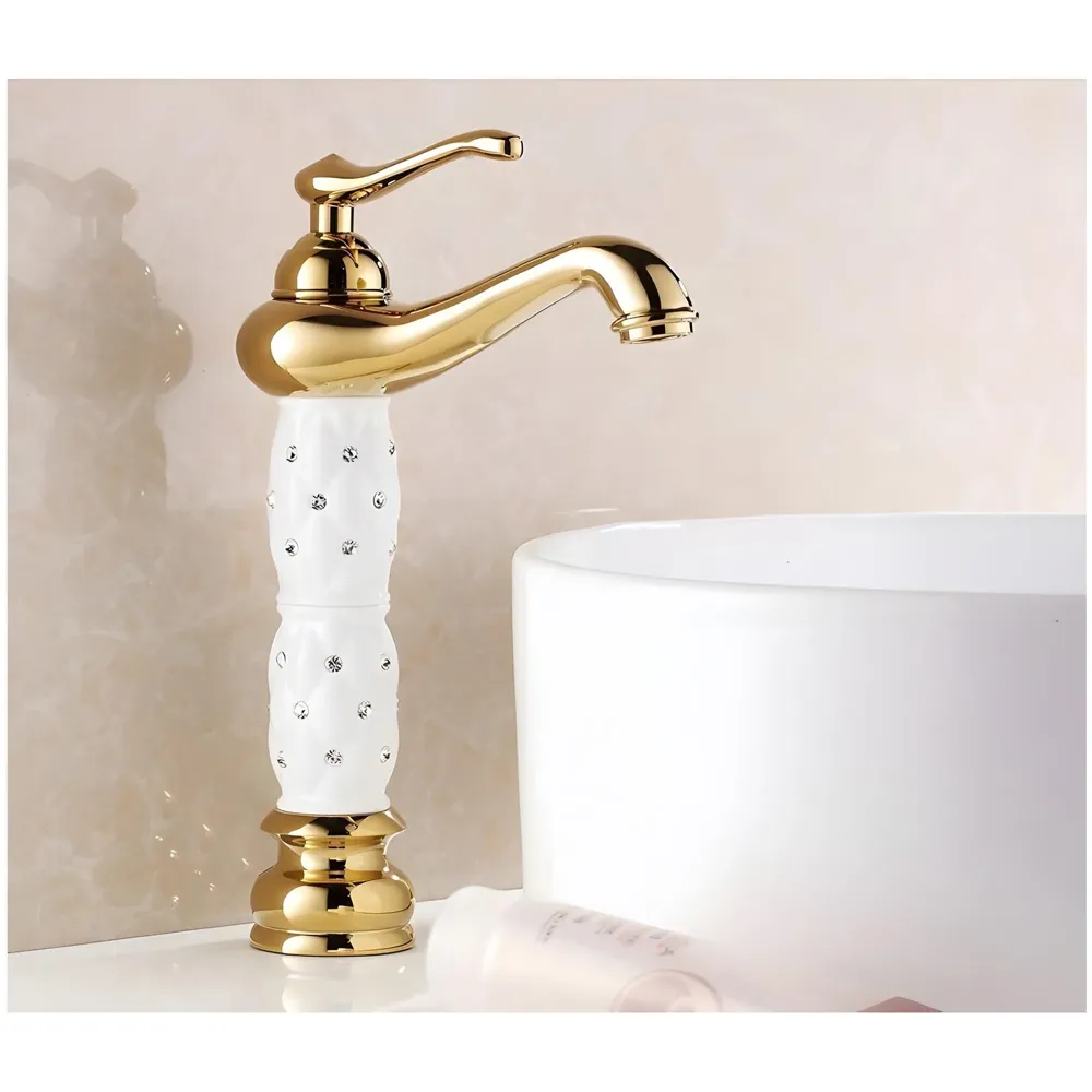 White Gold Basin Tap Faucet Mixer Hot and Cold ~ 28 Cms Height Table Mounted with 2 Braided Connection Pipes 450mm (Without pop-up) (White Diamond) Brass Material