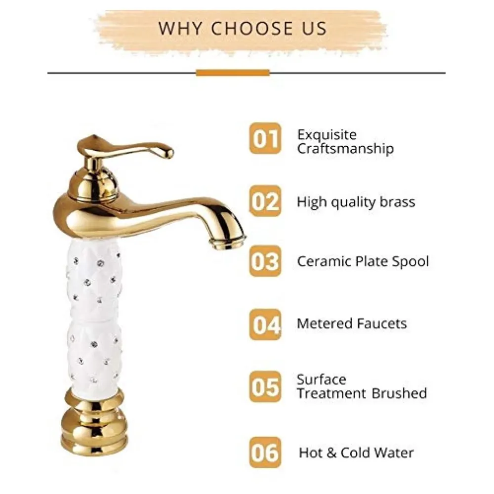 White Gold Basin Tap Faucet Mixer Hot and Cold ~ 28 Cms Height Table Mounted with 2 Braided Connection Pipes 450mm (Without pop-up) (White Diamond) Brass Material