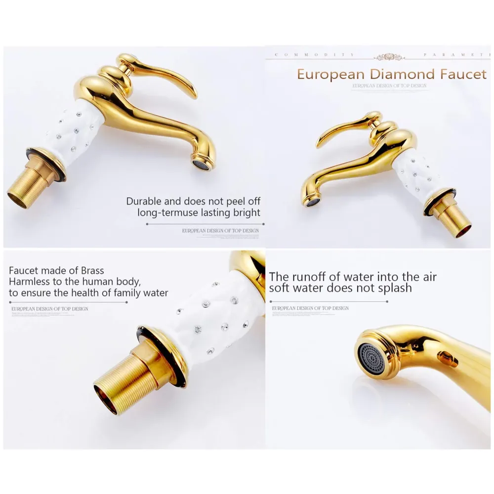 White Gold Basin Tap Faucet Mixer Hot and Cold ~ 28 Cms Height Table Mounted with 2 Braided Connection Pipes 450mm (Without pop-up) (White Diamond) Brass Material
