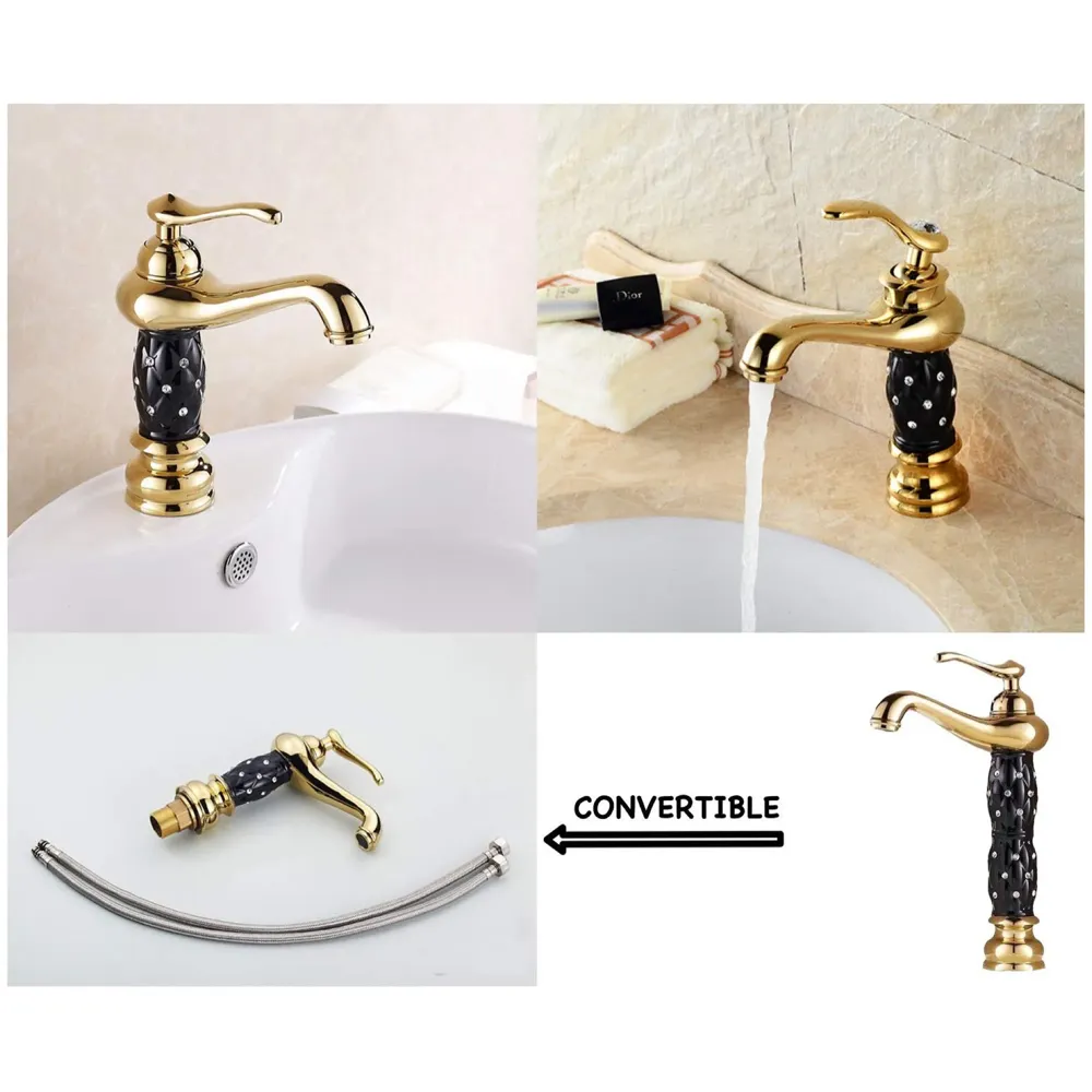 Black Gold Basin Tap Faucet Mixer ~ 28 Cms Height Table Mounted with 2 Braided Connection Pipes 450mm(Without pop-up) (Black Diamond)