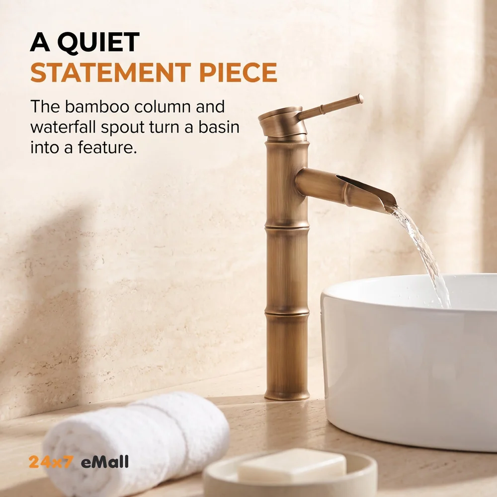 Waterfall Bamboo Bathroom Basin Mixer Basin tap washbasin tap Faucet Brass 12 inch Height. Hot and Cold Water