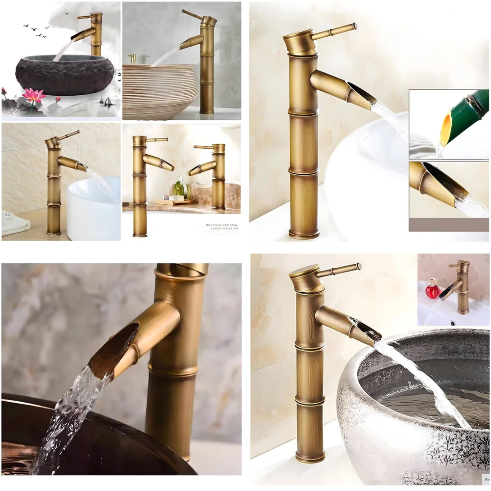 Waterfall Bamboo Bathroom Basin Mixer Basin tap washbasin tap Faucet Brass 12 inch Height. Hot and Cold Water