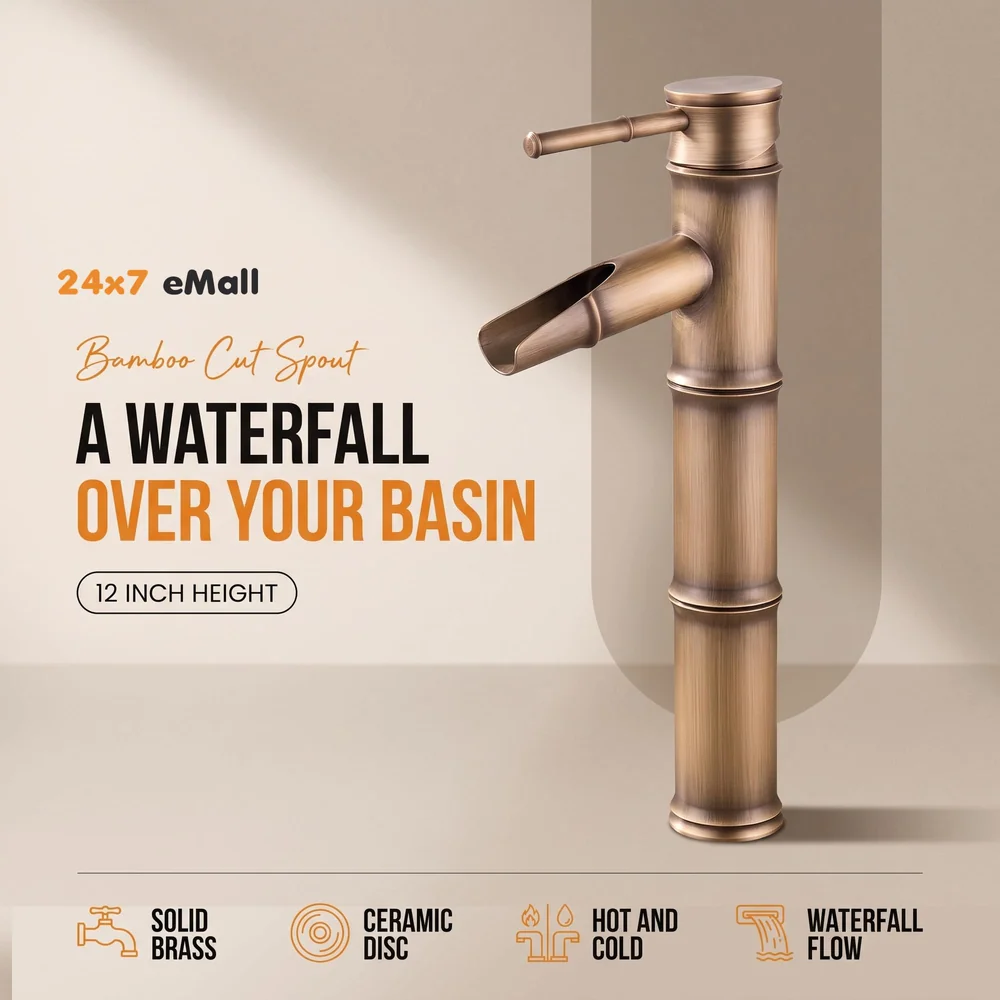 Waterfall Bamboo Bathroom Basin Mixer Basin tap washbasin tap Faucet Brass 12 inch Height. Hot and Cold Water