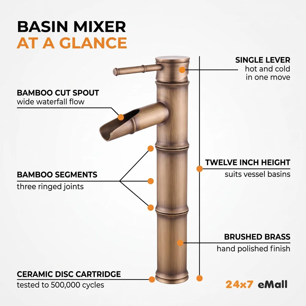 Waterfall Bamboo Bathroom Basin Mixer Basin tap washbasin tap Faucet Brass 12 inch Height. Hot and Cold Water