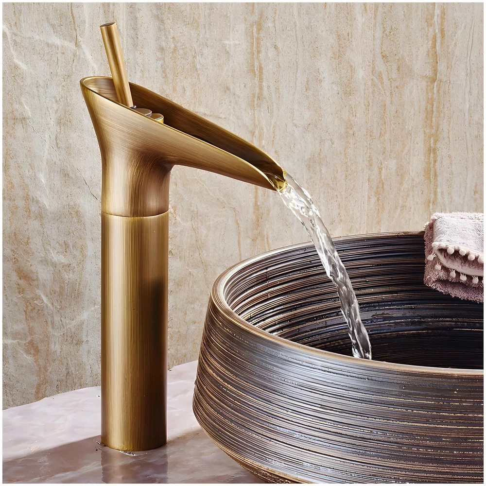 Copper Antique Brown Basin Mixer Faucet Tap Waterfall 12 inches Height, Hot and Cold, for Bathroom, Toilet Wash Basins, Antique Design