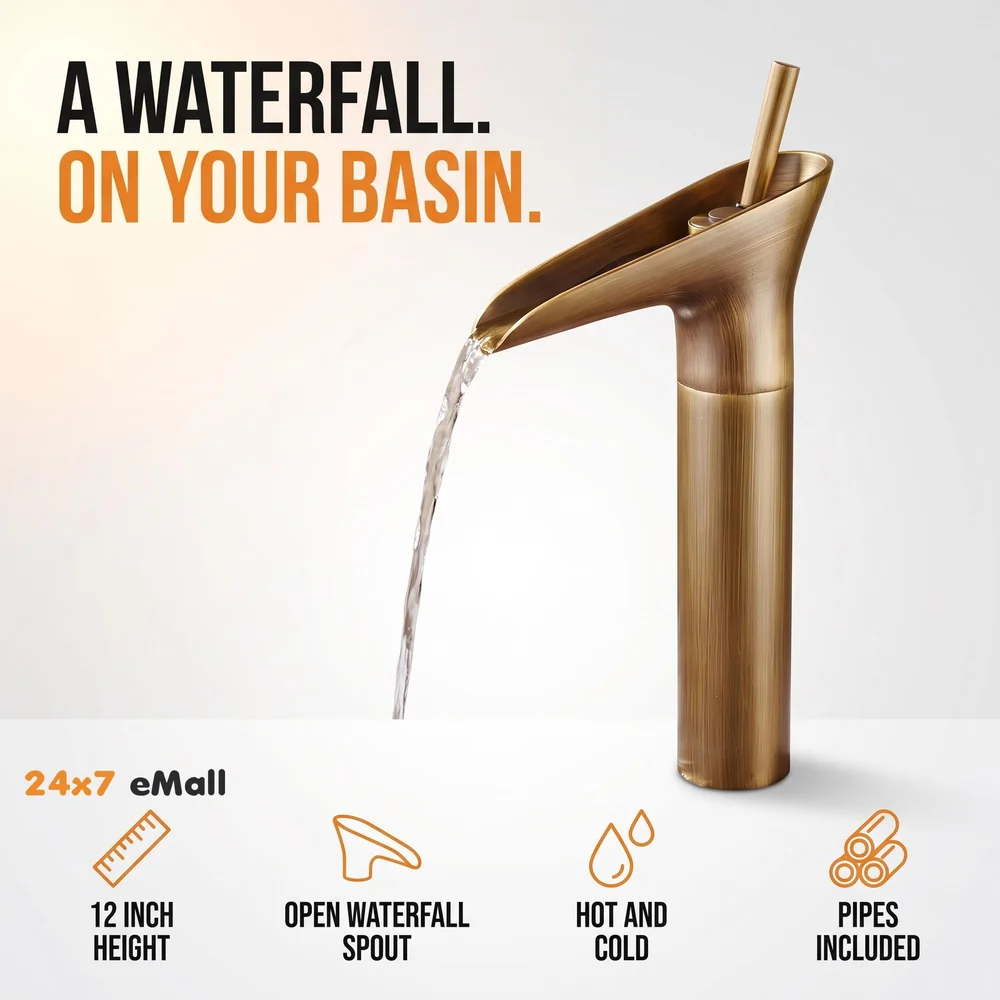 Copper Antique Brown Basin Mixer Faucet Tap Waterfall 12 inches Height, Hot and Cold, for Bathroom, Toilet Wash Basins, Antique Design