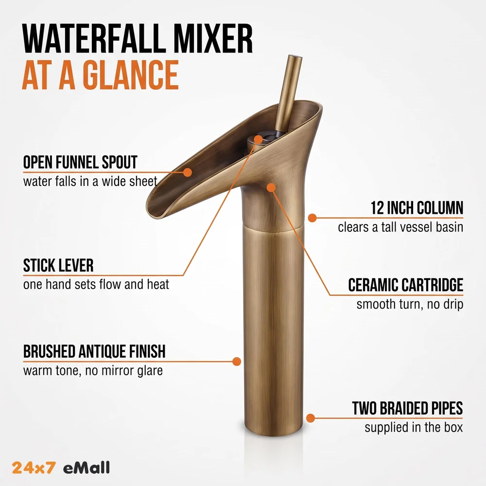 Copper Antique Brown Basin Mixer Faucet Tap Waterfall 12 inches Height, Hot and Cold, for Bathroom, Toilet Wash Basins, Antique Design