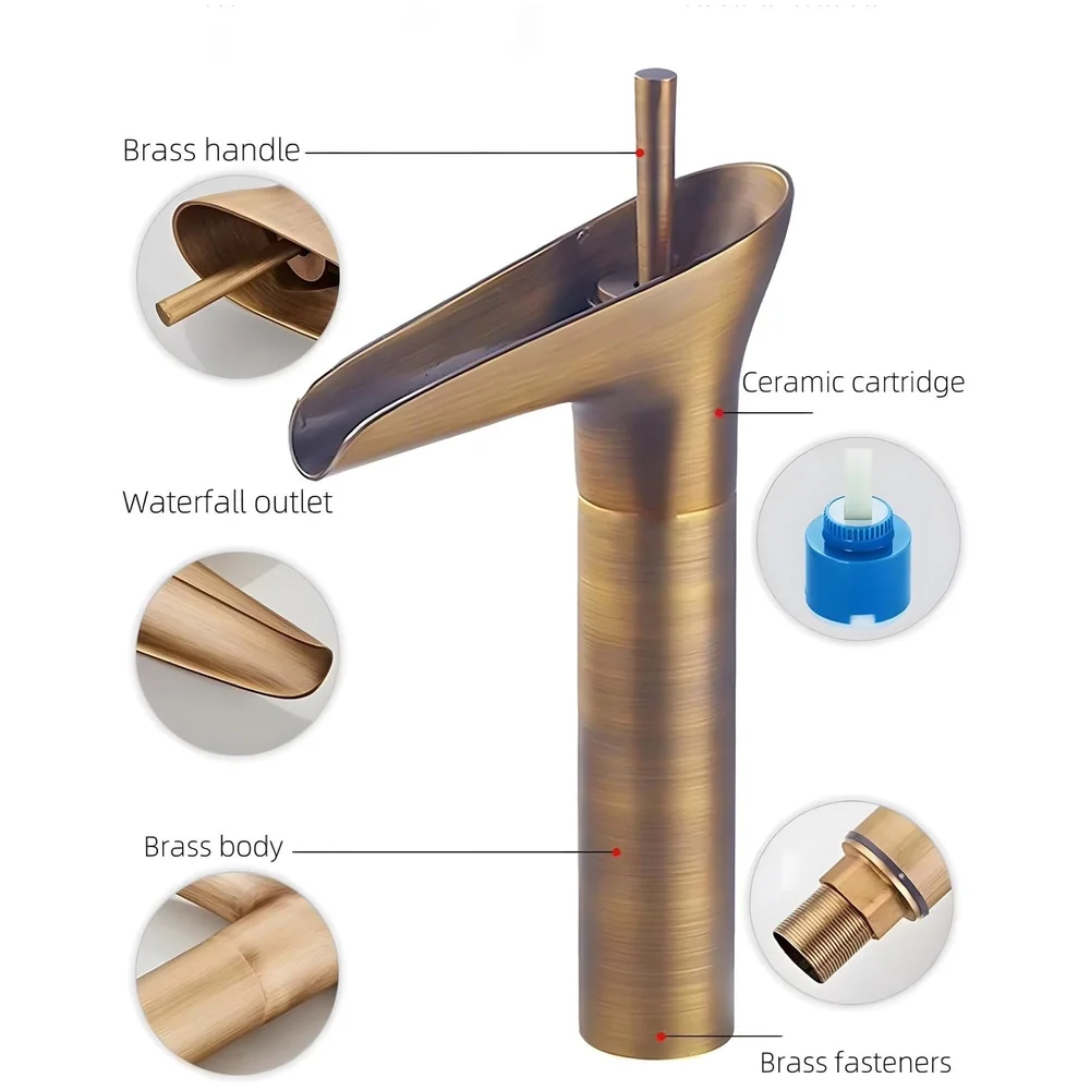 Copper Antique Brown Basin Mixer Faucet Tap Waterfall 12 inches Height, Hot and Cold, for Bathroom, Toilet Wash Basins, Antique Design