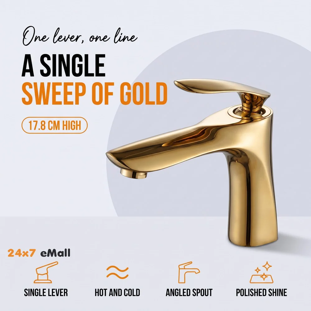 Copper 90 Degree Single Lever Basin Mixer, Golden