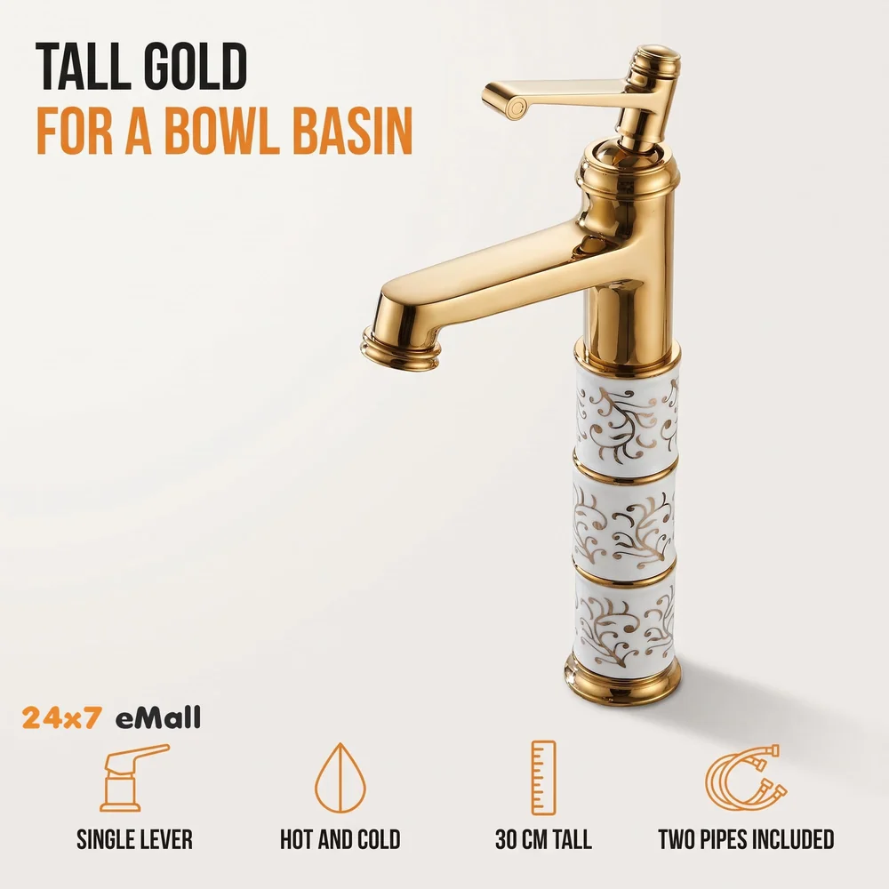 Brass Gold White Flower Mixer Hot and Cold Basin Tap Faucet Sink Mixer Golden Colour Aura Florina (Tall Body 12 Inches) for Bathroom Toilet Wash Basins