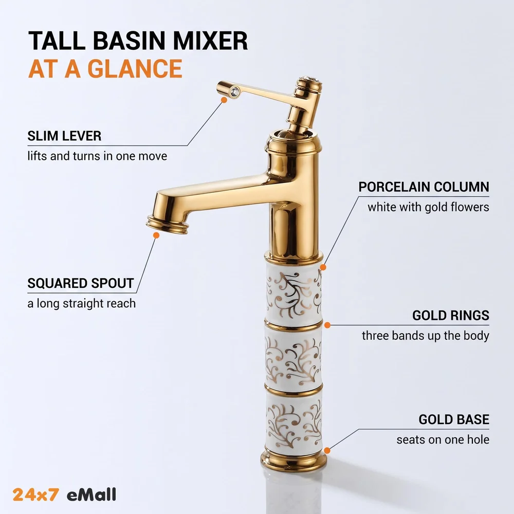 Brass Gold White Flower Mixer Hot and Cold Basin Tap Faucet Sink Mixer Golden Colour Aura Florina (Tall Body 12 Inches) for Bathroom Toilet Wash Basins