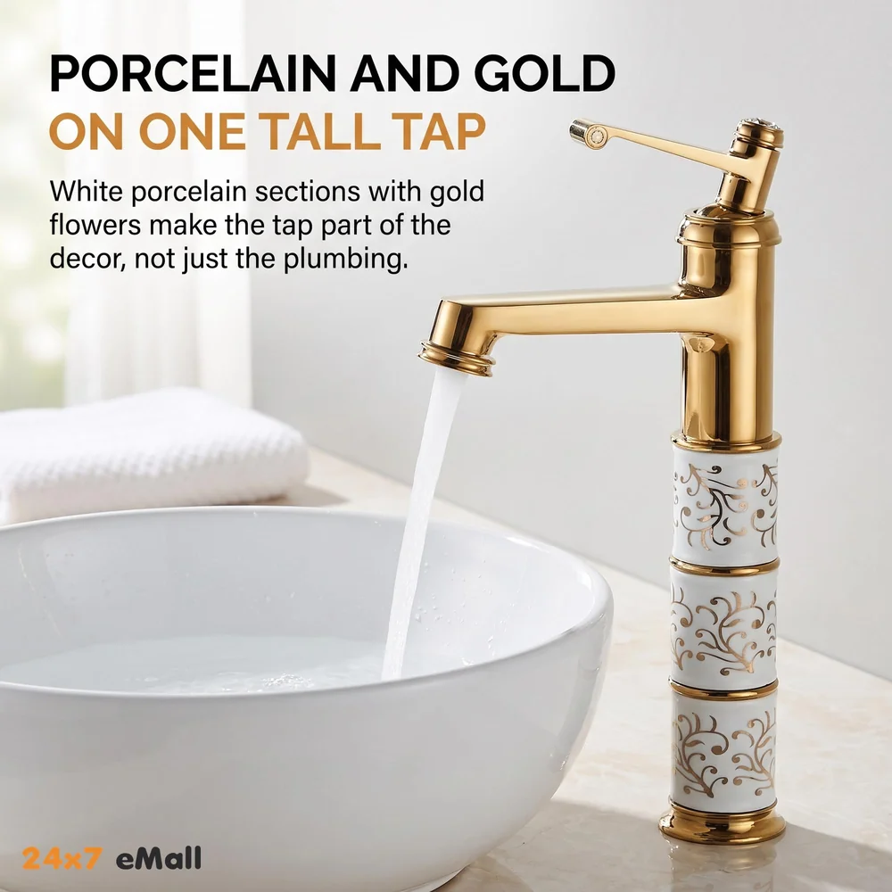 Brass Gold White Flower Mixer Hot and Cold Basin Tap Faucet Sink Mixer Golden Colour Aura Florina (Tall Body 12 Inches) for Bathroom Toilet Wash Basins
