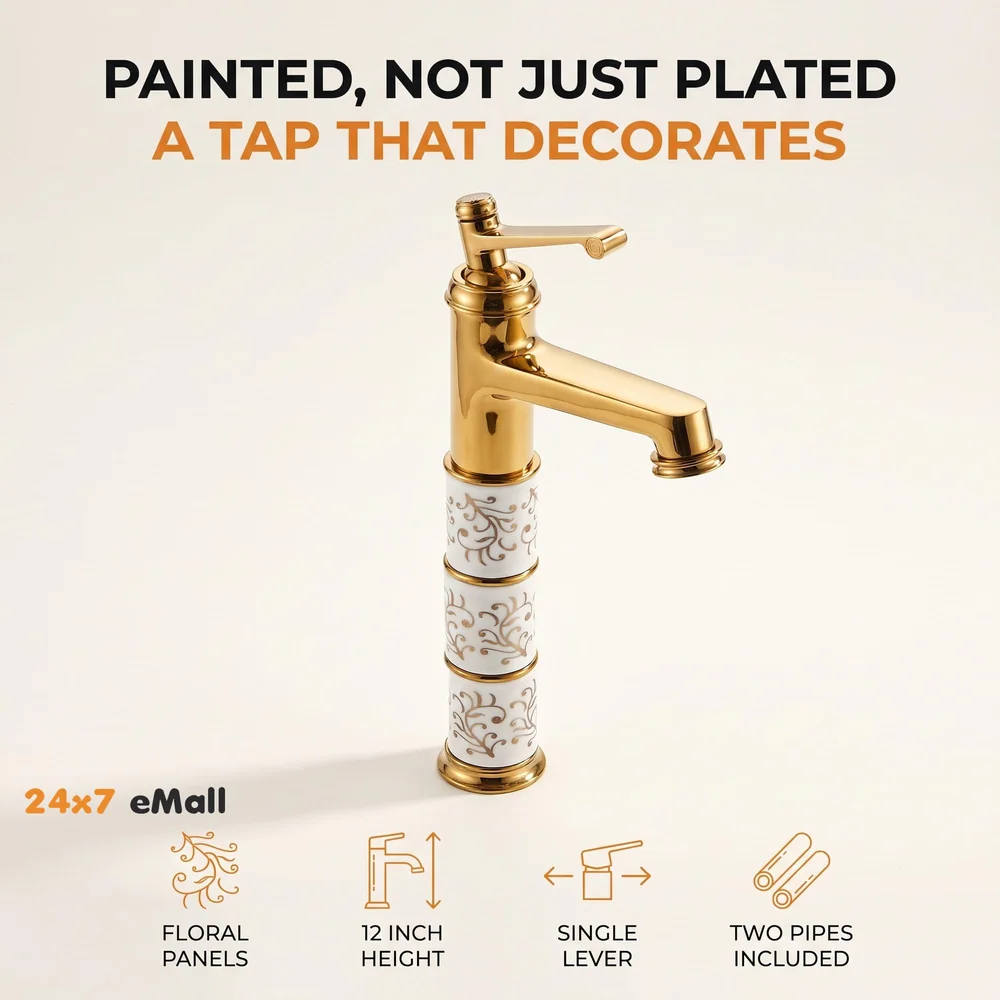 Brass Gold White Flower Mixer Hot and Cold Basin Tap Faucet Sink Mixer Golden Colour Aura Florina (Tall Body 12 Inches) for Bathroom Toilet Wash Basins