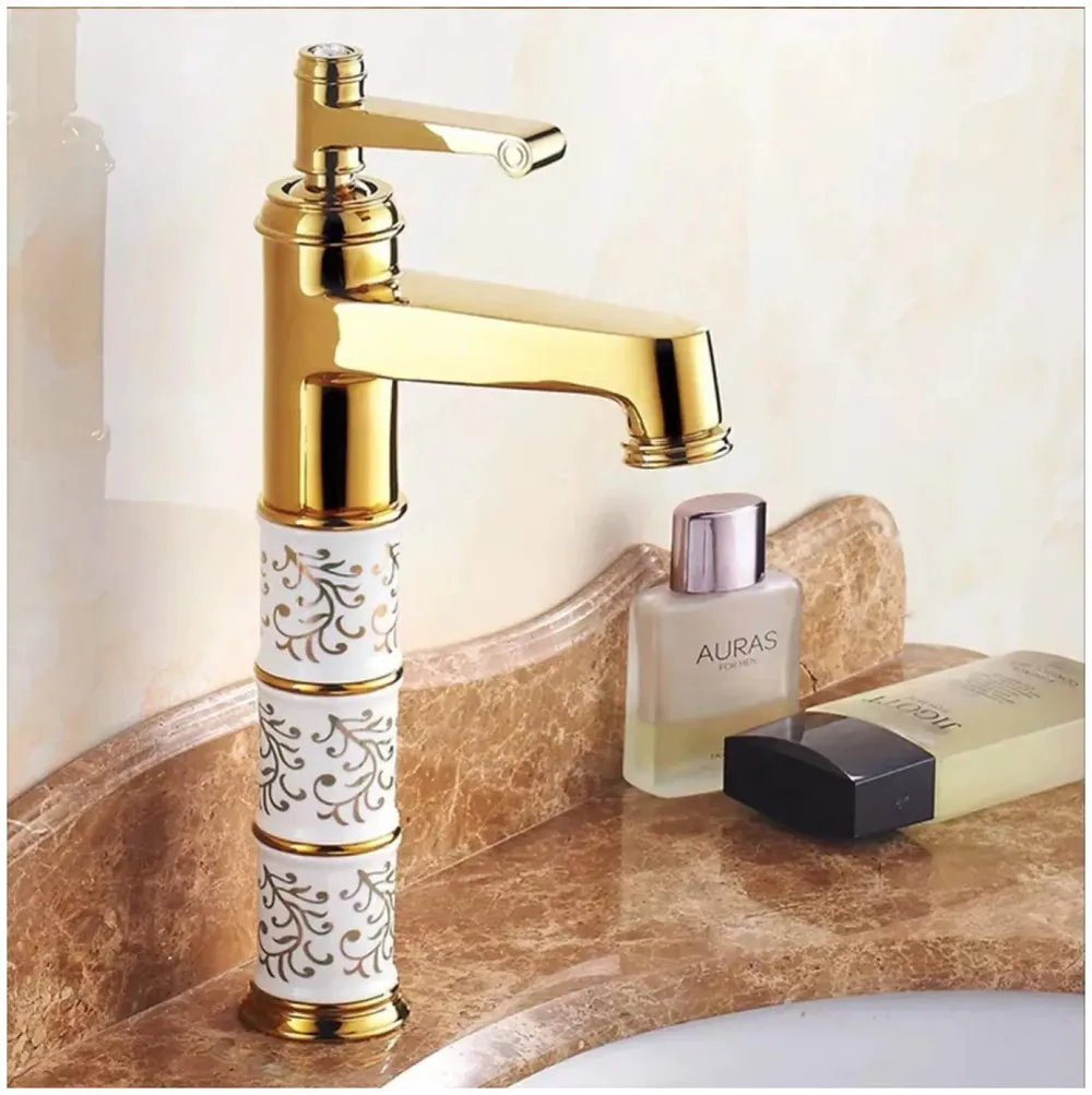 Brass Gold White Flower Mixer Hot and Cold Basin Tap Faucet Sink Mixer Golden Colour Aura Florina (Tall Body 12 Inches) for Bathroom Toilet Wash Basins
