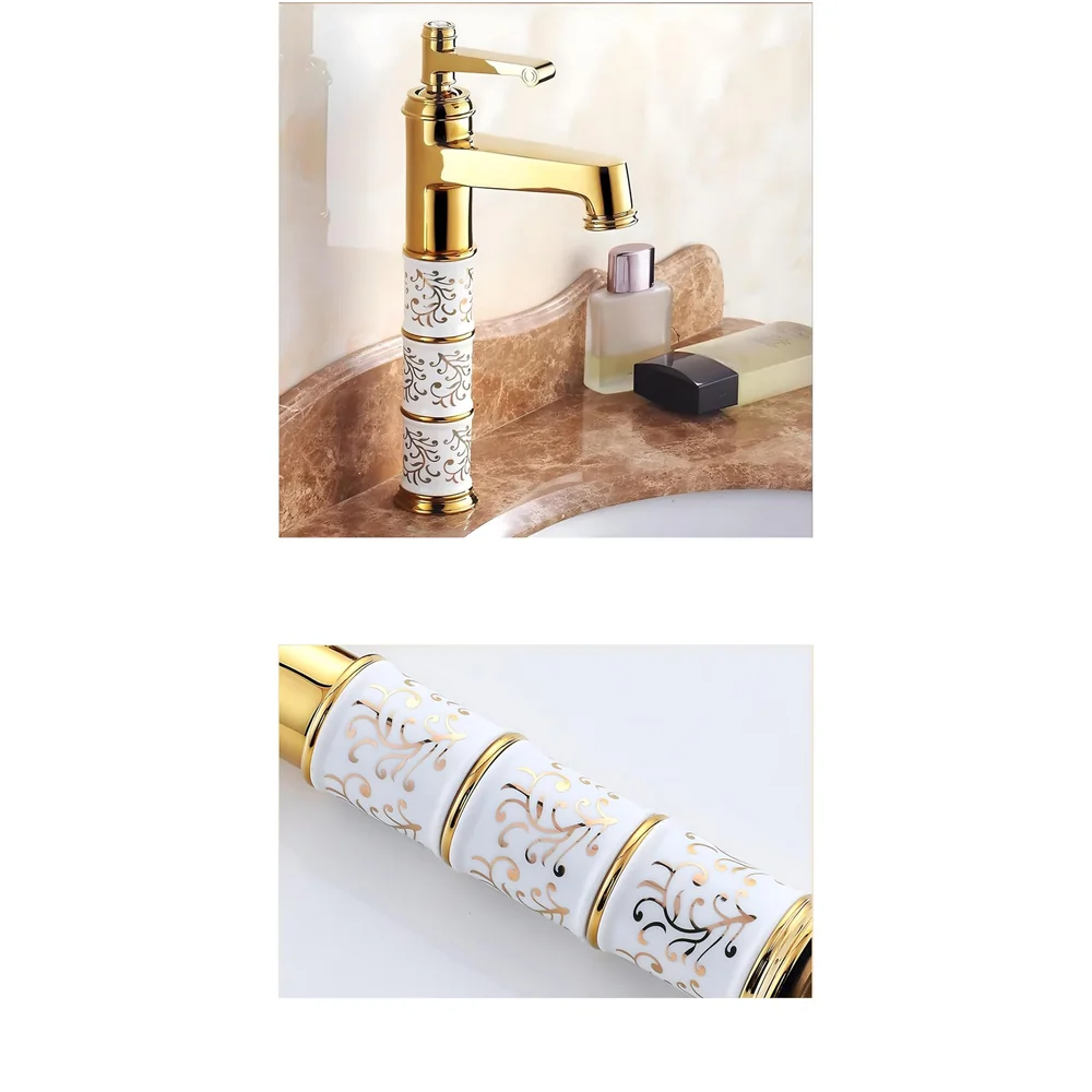 Brass Gold White Flower Mixer Hot and Cold Basin Tap Faucet Sink Mixer Golden Colour Aura Florina (Tall Body 12 Inches) for Bathroom Toilet Wash Basins