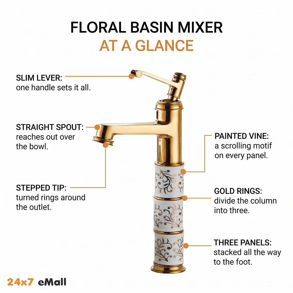 Brass Gold White Flower Mixer Hot and Cold Basin Tap Faucet Sink Mixer Golden Colour Aura Florina (Tall Body 12 Inches) for Bathroom Toilet Wash Basins