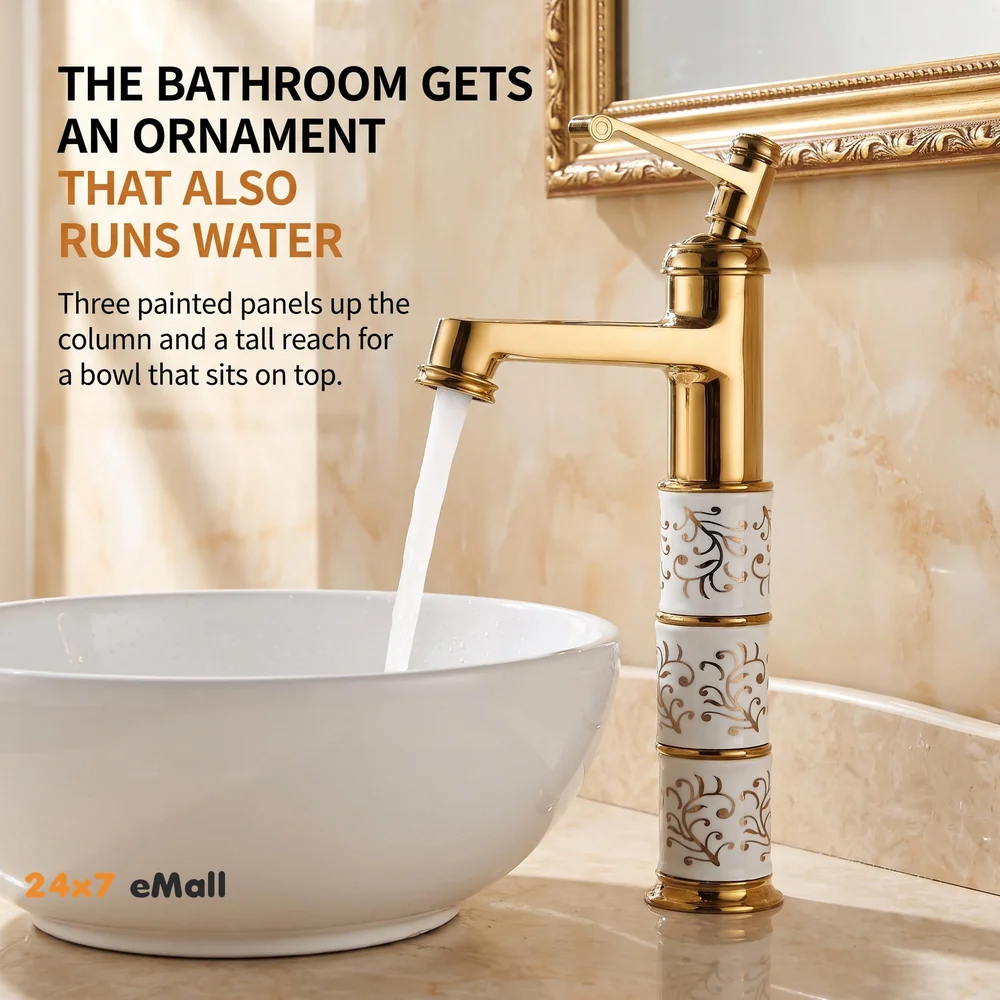 Brass Gold White Flower Mixer Hot and Cold Basin Tap Faucet Sink Mixer Golden Colour Aura Florina (Tall Body 12 Inches) for Bathroom Toilet Wash Basins