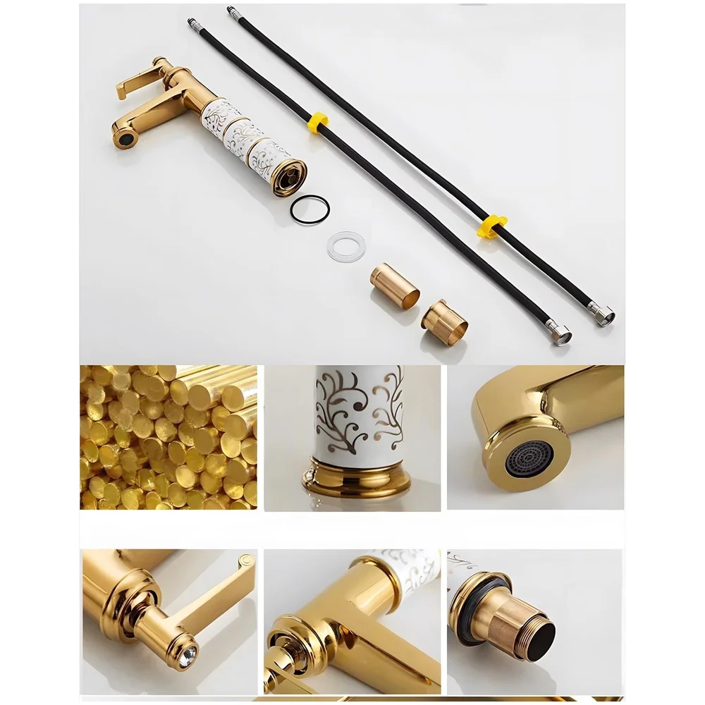 Brass Gold White Flower Mixer Hot and Cold Basin Tap Faucet Sink Mixer Golden Colour Aura Florina (Tall Body 12 Inches) for Bathroom Toilet Wash Basins