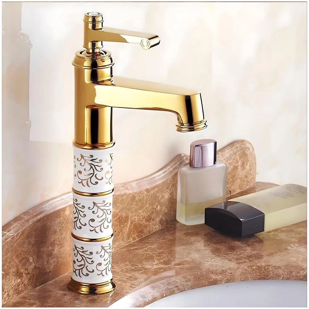Brass Gold White Flower Mixer Hot and Cold Basin Tap Faucet Sink Mixer Golden Colour Aura Florina (Tall Body 12 Inches) for Bathroom Toilet Wash Basins
