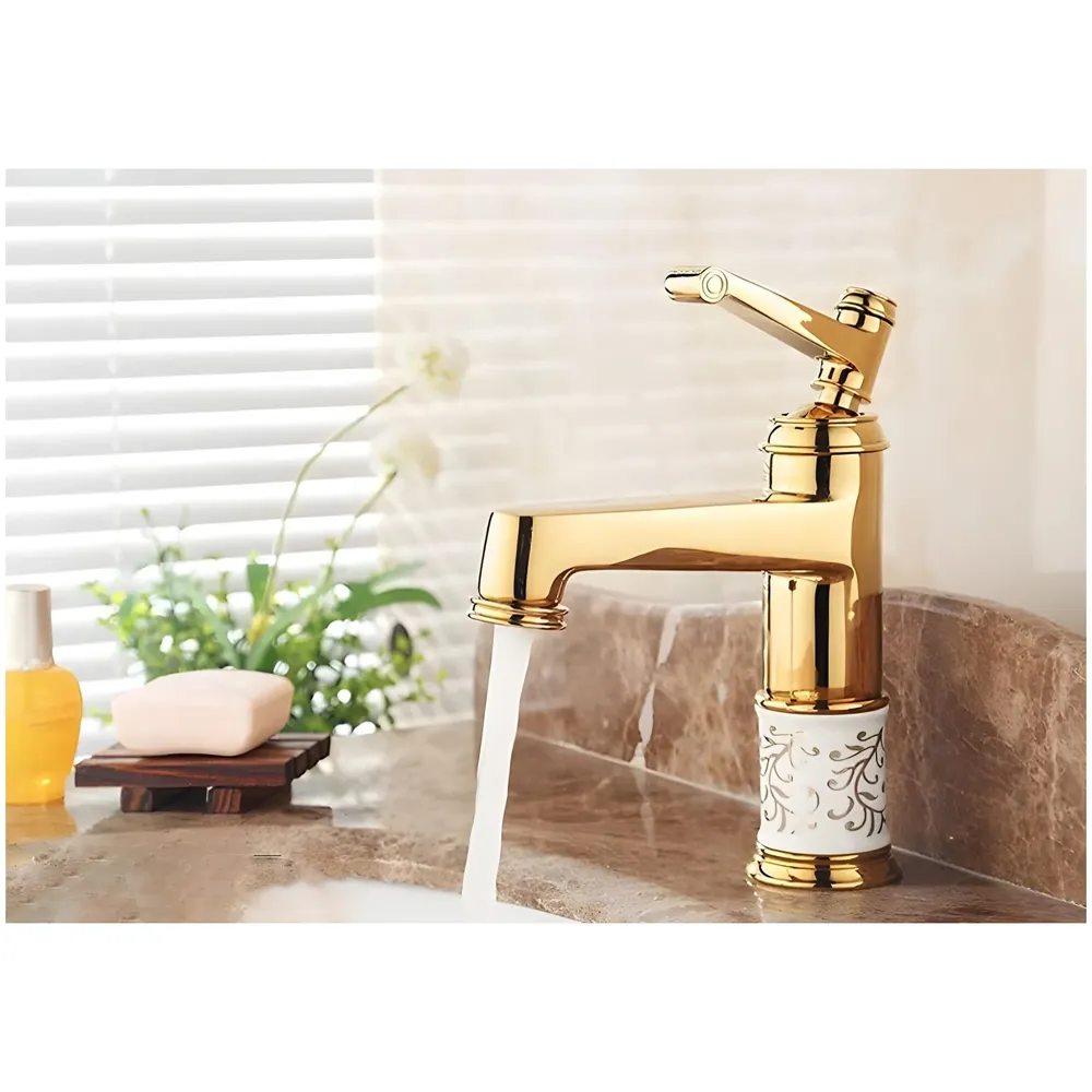 Brass Gold White Flower Basin Tap Faucet Mixer Hot and Cold Sink Mixer Golden Colour Aura Florina (Short Body 7 Inches) for Bathroom Toilet Wash Basins Hot and Cold Water